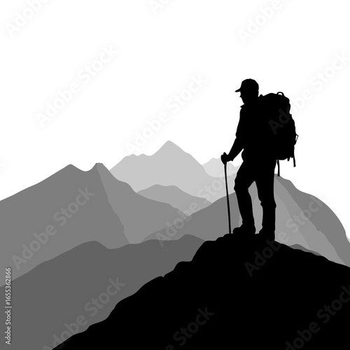 Silhouette of hiker on mountain peak with layered hills background