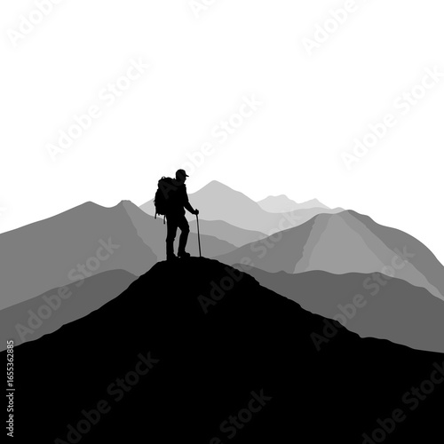 Silhouette of a hiker with dog in mountains vector illustration