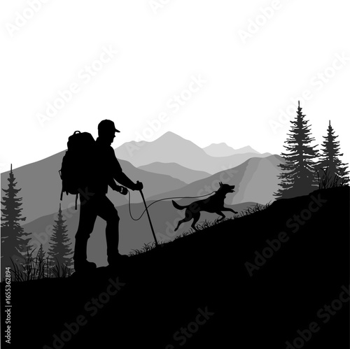 Silhouette of a hiker with dog in mountains vector illustration