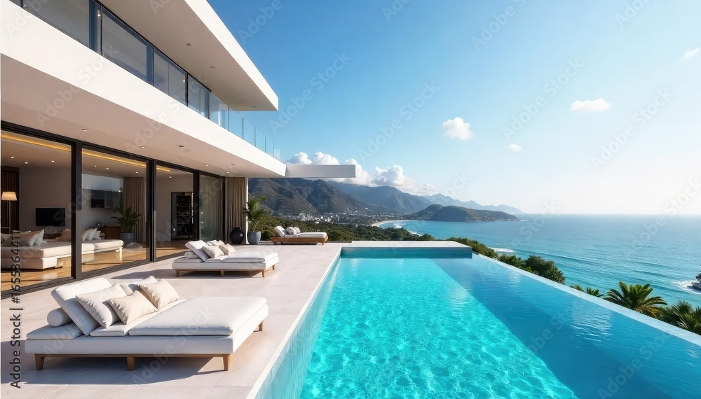 Fototapeta premium Oceanfront Modern Dream Home Infinity Pool, Expansive Views, Sleek Architecture