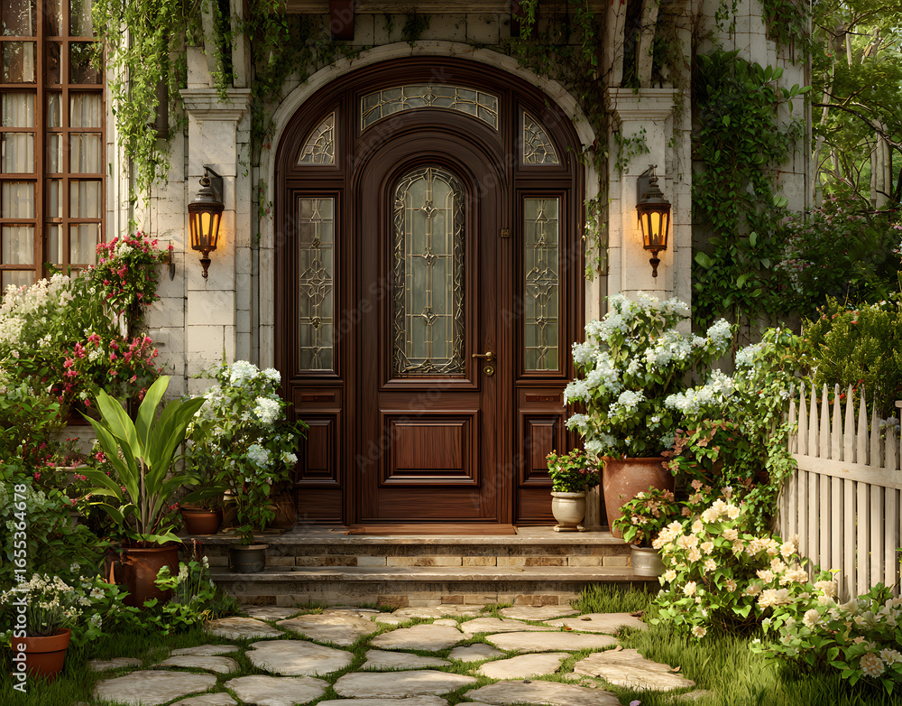 Fototapeta premium Large dark brown wooden door with stained glass and frosted glass panel. Flanked by potted plants, picket fence, and stone pathway. Lanterns hang above, serene green lawn backdrop.