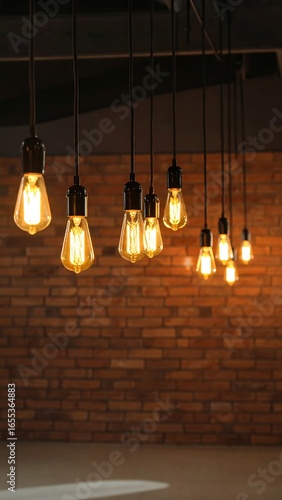 Warm Edison bulbs hang from a dark ceiling over a brick wall