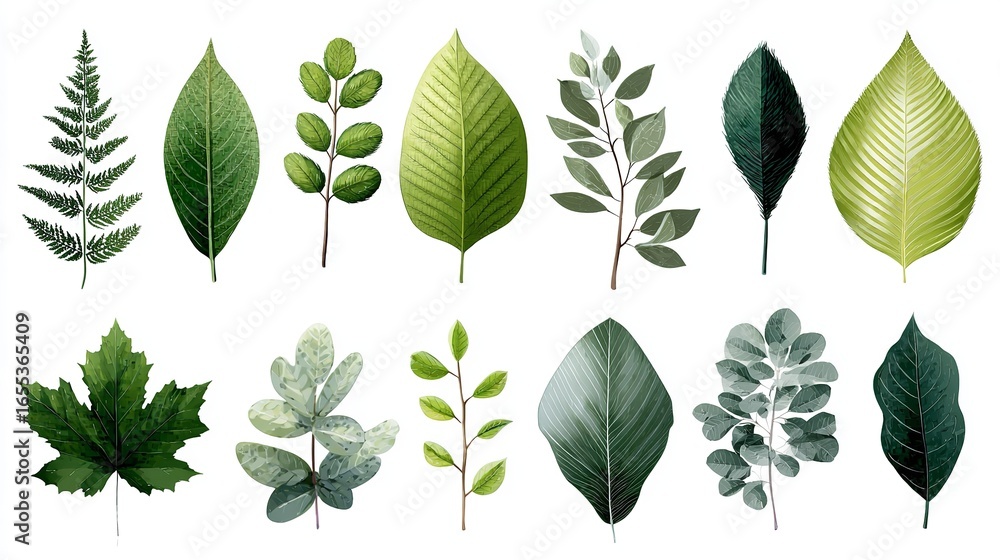 Fototapeta premium Diverse botanical illustration showing an arrangement of digitally painted leafy green plant specimens in a row.