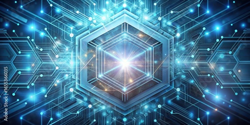 Abstract Futuristic Technology Network Background Showing Interconnected Hexagonal Structures and Glowing Circuitry Lines