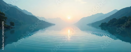 Serene, still water forming a perfect circle in a tranquil landscape, reflecting a calm sky Peaceful, meditative, zen-like atmosphere; ideal for relaxation and mindfulness themes , water, zen, glassy