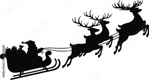 Silhouette of Santa Claus riding in a sleigh pulled by three reindeer in flight.