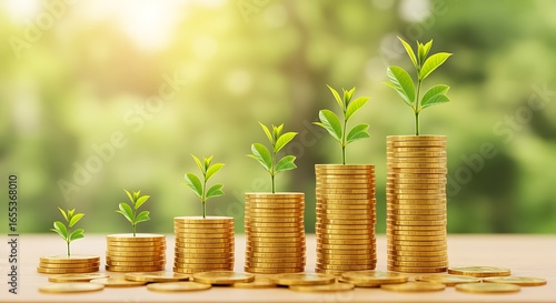 Growing green plants sprout from stacks of gold coins symbolizing financial growth money investment