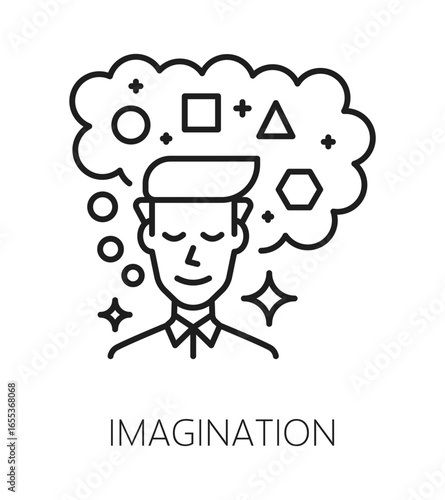 Imagination cognitive ability line icon or emblem. Brain function therapy line vector pictogram, mental capability thin line sign. Cognitive ability symbol with imagining and dreaming man character