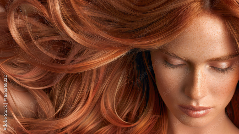 Close up view of person with flowing, vibrant red hair, showcasing texture and movement of strands. soft lighting highlights natural beauty and shine of hair, creating elegant and serene Close up view of person with flowing, vibrant red hair, showcasing texture and movement of strands. soft lighting highlights natural beauty and shine of hair, creating elegant and serene