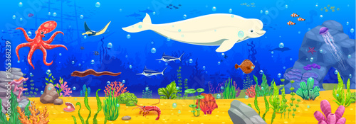 Game background with underwater landscape, seaweeds and beluga white whale character. Game level environment background or cartoon vector wallpaper with ocean animals, fish shoals and sunken ship