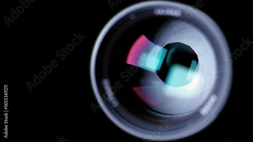 Diaphragm blades of the fixed lens opening and closing aperture f-stop adjustment of a photo camera close-up shot
