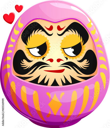 Cartoon funny Japanese Daruma doll with expressive eyes, decorated with pink and gold pattern. Vector character with red hearts. Traditional cultural symbol with comic and playful face expression
