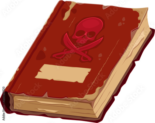 Cartoon old pirate book with a red skull and crossed cutlasses emblem on a worn brown cover. Isolated vector Caribbean pirates or corsairs icon for adventure games, treasure maps, fantasy stories