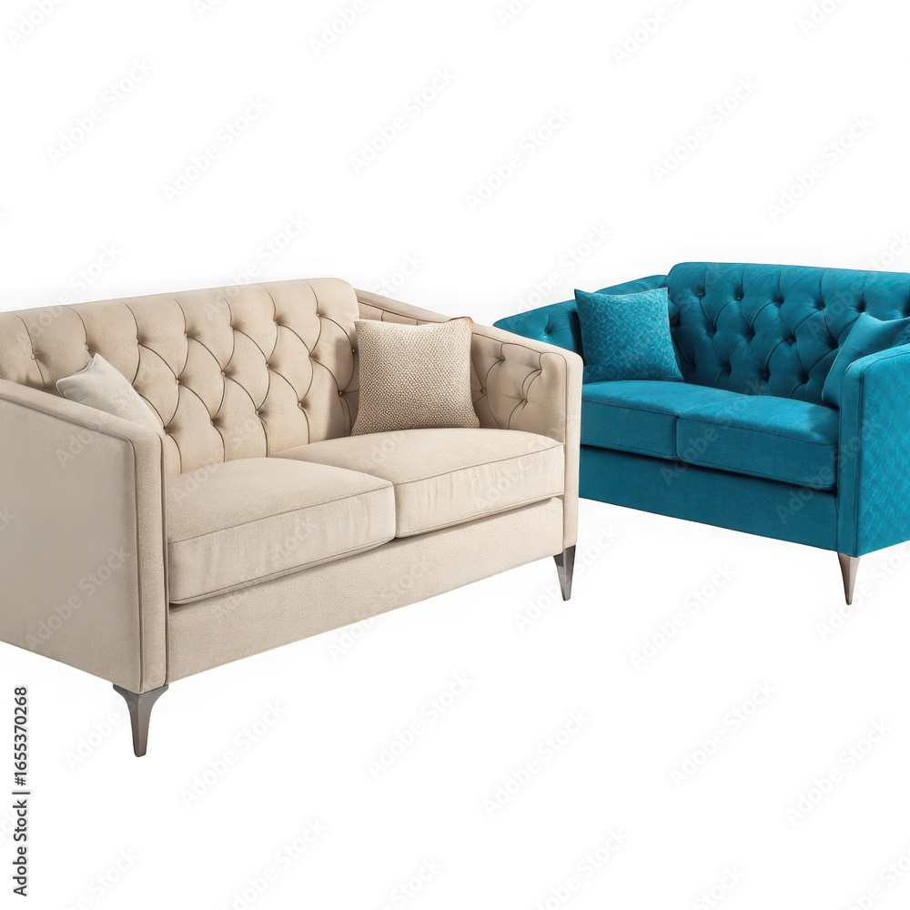 Fototapeta premium Two tufted sofas cream and teal isolated on transparent background