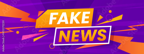 Fake news banner with purple background, motion lines and bold headline create urgency and impact. Vector social media communication alert, informational layout promoting disinformation announcement