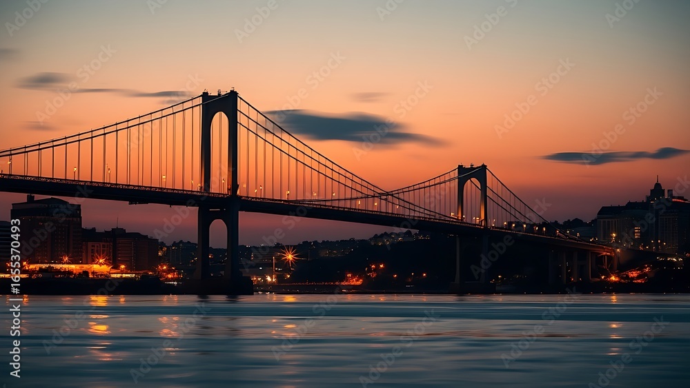 Naklejka premium Silhouetted suspension bridge at dusk with city lights