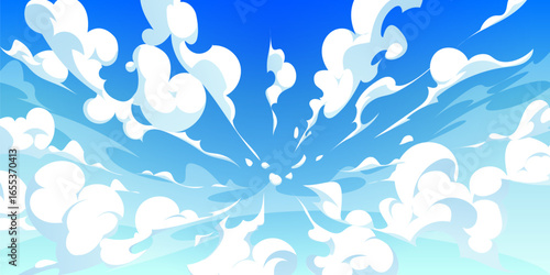 Anime sky clouds background. Cartoon vector bright heaven with dramatic white fluffy clouds radiating outward against a vivid blue backdrop. Dreamy tranquil natural cloudscape, game animation scenery