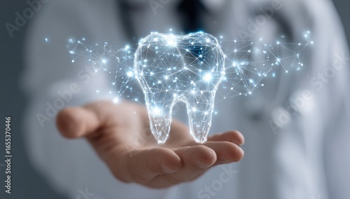 A doctor's hand holds a holographic tooth.  A network of light dots surrounds the tooth,  creating a digital, 3D  representation