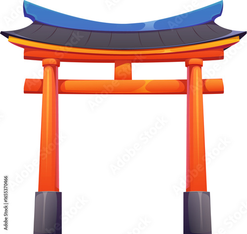 Traditional Japanese torii gate with curved blue and black roofing, vibrant orange columns, and dark stone bases. Cartoon vector cultural symbol marks the entrance to sacred shinto shrines in Japan