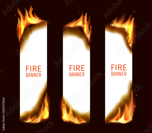 Realistic paper sheets with burning fire flames, burnt edges, sparks and scorched corners. Vector 3d templates of burning vertical paper banners with bright hot fire flames at dark background