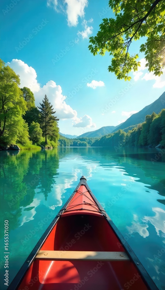 Fototapeta premium Serene Summer Canoe Paddle on Calm Lake, Lush Green Trees, Blue Sky - Perfect for Travel, Adventure, and Nature Projects