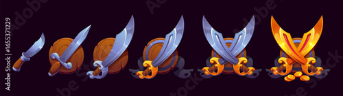 Pirate saber and corsair sword game rank badge, vector piracy award and rating icon. Cartoon old wood shields with crossed pirate sword and sabre, treasure gold coins and black ribbon, game rank badge
