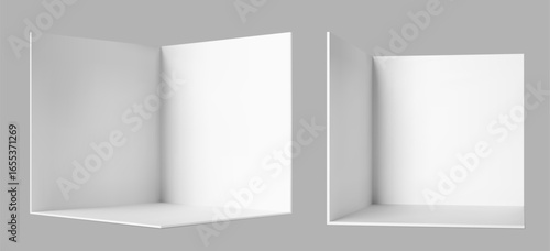 3d white corner walls and floor of empty room, booth stand and cube box vector mockup. Realistic interior design corner room walls, studio, showroom or exhibition display stand front and side view