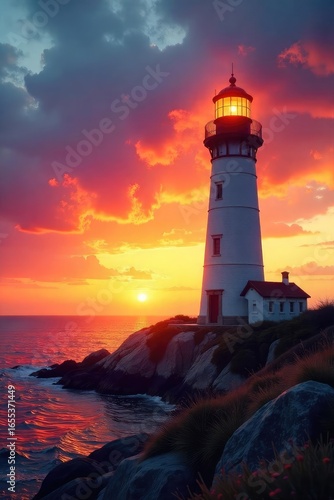Wallpaper Mural Golden Sunrise Illuminates Solitary Lighthouse Beacon, Peaceful Dawn Seascape, Tranquil Ocean View, Serene Morning Scene Torontodigital.ca