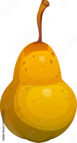Cartoon yellow pear Happy Thanksgiving holiday harvest and food. Isolated vector raw ripe fruit with subtle speckles, glossy peel and stem. autumn healthy sweet dessert, fresh whole pear, garden plant
