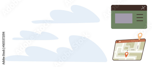 Map on tablet with location markers alongside a web page frame and abstract clouds. Ideal for navigation, travel, interface design, technology, exploration, user experience, and a simple flat metaphor
