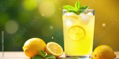 Close-up of a refreshing glass of homemade lemonade, ice cubes clinking, bright yellow color, sunlit background, perfect summer drink , lemonade recipe, bubbly, juicy