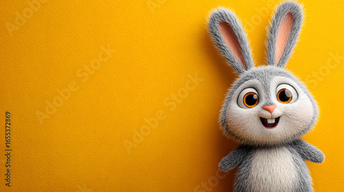 A happy cartoon easter bunny with long ears and a fluffy pink tail on a rustic wooden table