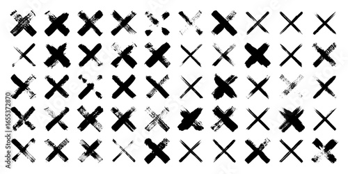 Grunge crosses, brush strokes, x mark, lines, ink smudges, hand-drawn scribble shapes. Handmade sketchy marks, acrylic stains, charcoal streaks. Paint textures, dry brush effect. Vector illustration