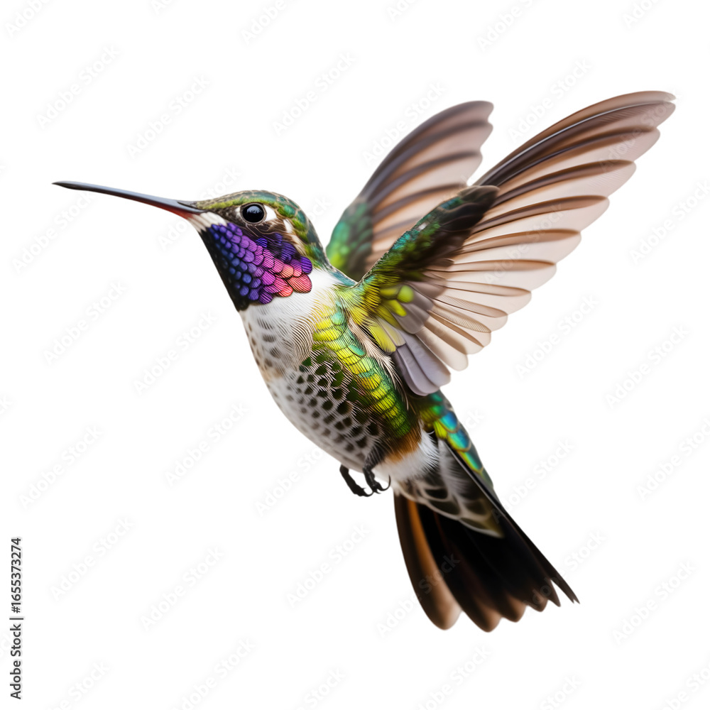 Obraz premium Vibrant hummingbird in flight showcases iridescent feathers and delicate wings, a symbol of speed and beauty.