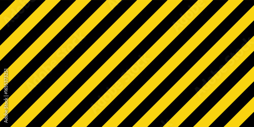 Warning sign with yellow and black diagonal lines. Attention, danger or caution symbol. Construction site signage, road safety notice, hazard banner, security alert shield. Vector illustration
