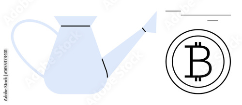 Blue watering can aiming at Bitcoin coin. Represents nurturing investments, cryptocurrency growth, digital economy. Ideal for finance, investment, savings, blockchain, business economy simple flat