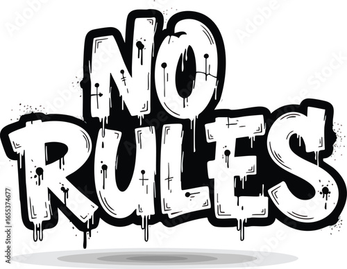 Bold graffiti artwork displaying the words "NO RULES" in a dripping, urban style.