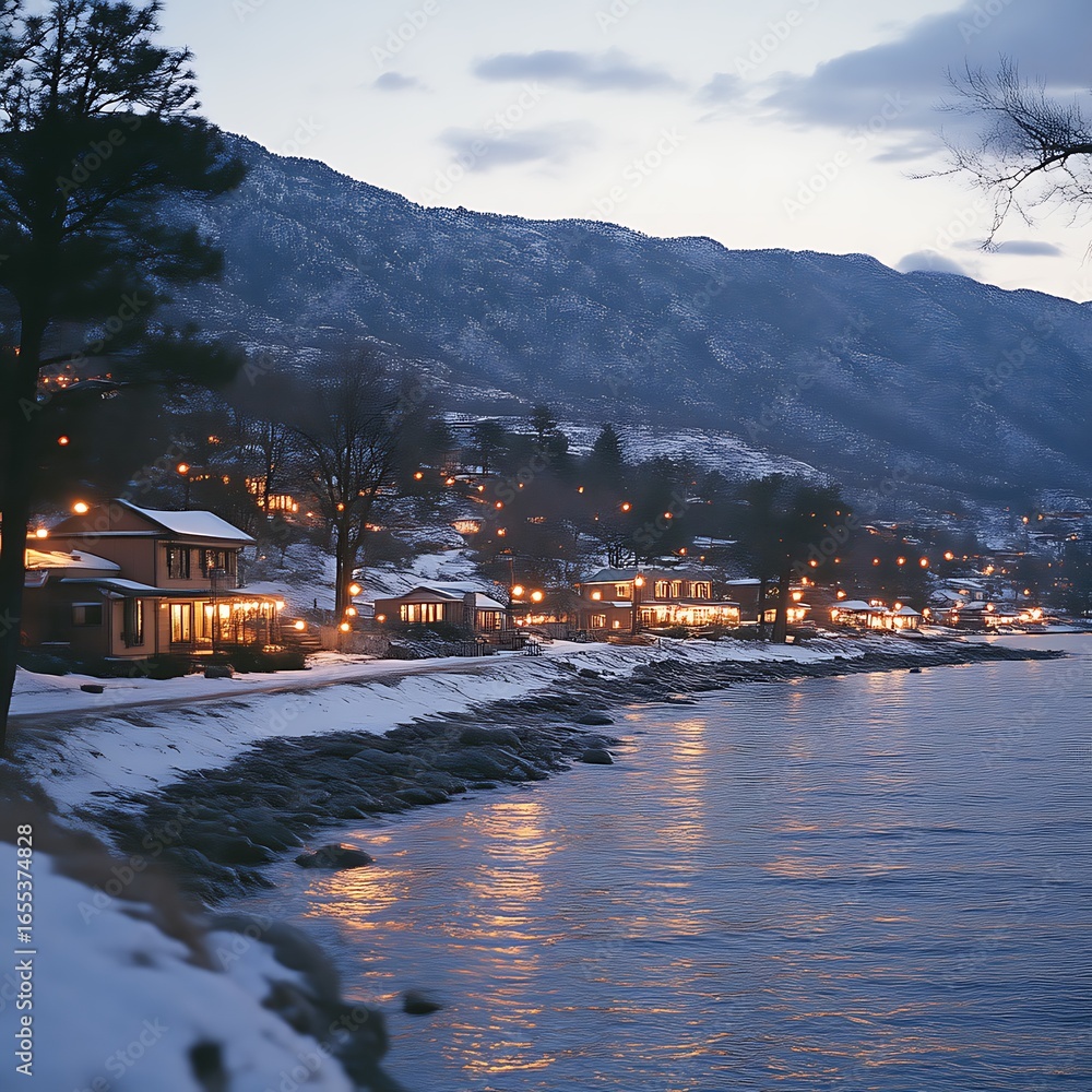 Fototapeta premium Cozy winter village by the lake at twilight.