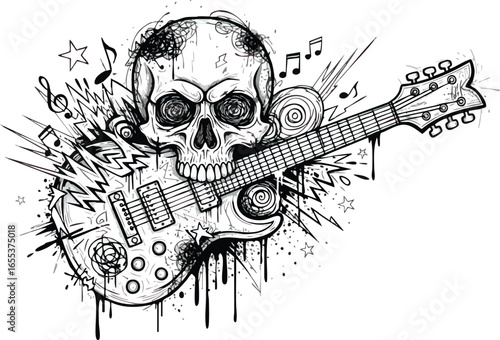 A black and white illustration of a skull holding an electric guitar, with musical notes and starburst effects.