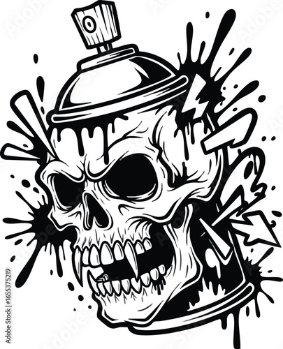 A menacing skull design integrated within a spray paint can, showcasing a bold and edgy artistic style.