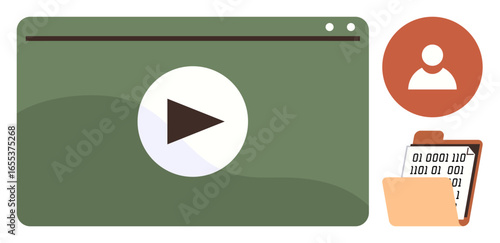 Media playback screen with play button, user profile icon, and folder containing binary data. Ideal for technology, digital media, online learning, video streaming, data management, cloud storage