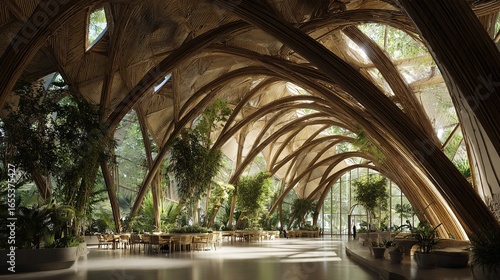 Eco-friendly cloud computing center with bamboo structure, biophilic design and daylight rendering. Sustainable technology, natural materials, green architecture and renewable energy concept.
