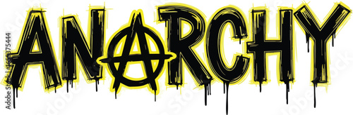 Graffiti-style artwork displaying the word "ANARCHY" with dripping paint effect and symbol.