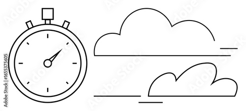Stopwatch measuring time alongside moving clouds, symbolizing speed, efficiency, and growth. Ideal for productivity, deadlines, progress, performance motion change minimalism. Simple flat metaphor