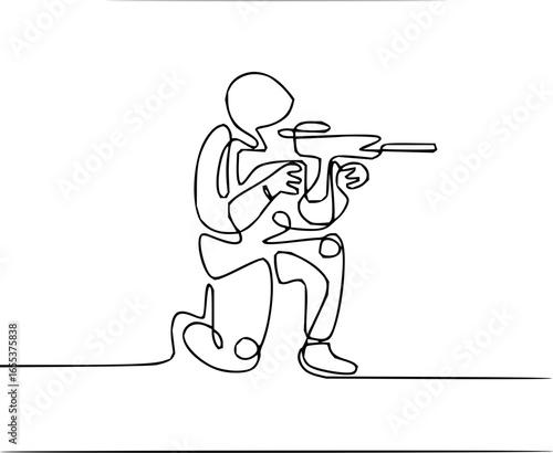 One line drawing of a soldier kneeling and aiming a rifle in a minimalist and modern style art form