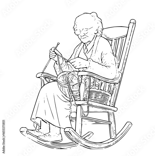 Line art of an elderly woman with glasses knitting in a rocking chair with yarn and needles present