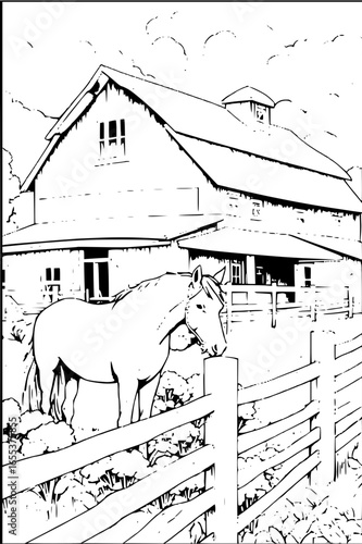 A black and white drawing of a horse standing in front of a barn with a fence in the foreground