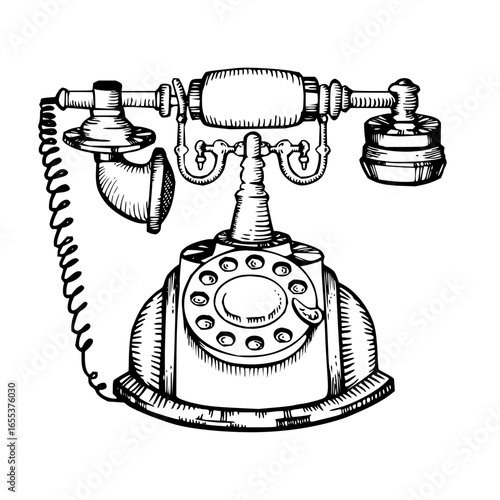 Illustration of an antique rotary telephone with a coiled cord and detailed line work in black and white