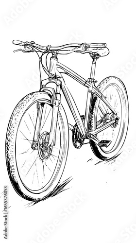 Detailed line art illustration of a mountain bike with front suspension and knobby tires shown