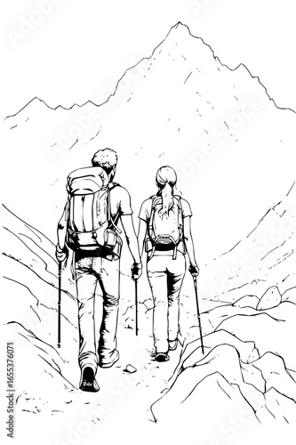 A couple hiking hand in hand towards a mountain peak with backpacks and trekking poles on a rocky trail